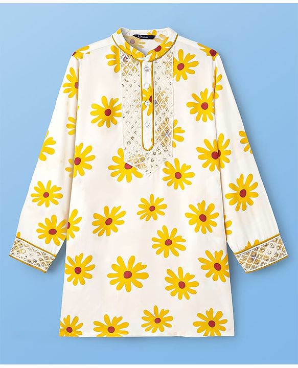 Pine Kids Woven Full Sleeves Kurta & Pajama Set with Lace Detailing & Floral Print - White