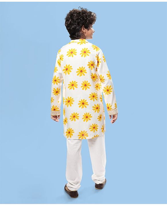 Pine Kids Woven Full Sleeves Kurta & Pajama Set with Lace Detailing & Floral Print - White