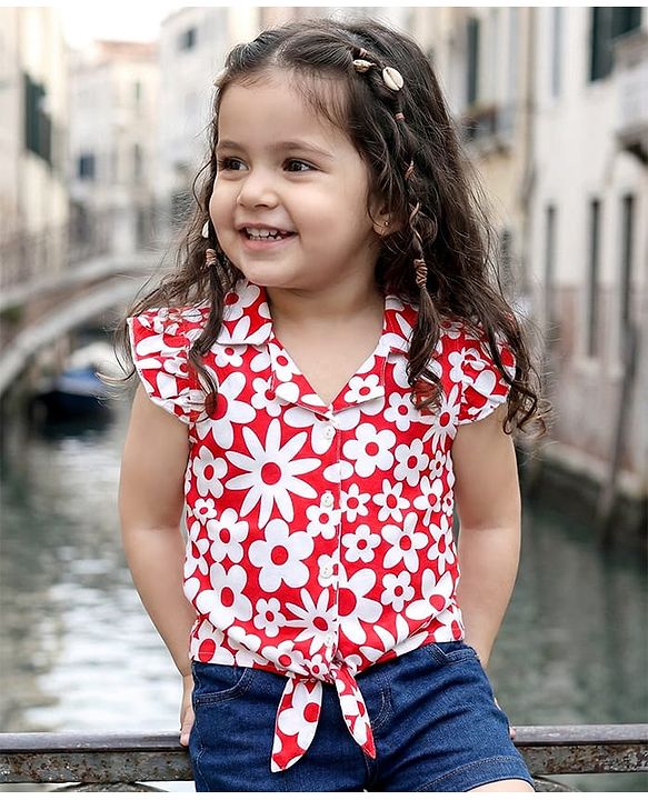 Babyhug Cotton Knit Frill Sleeves Knotted Top with Floral Print - Red