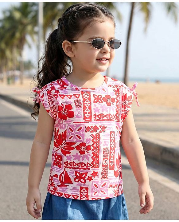 Babyhug Cotton Knit Half Sleeves Top With Floral Print - Red