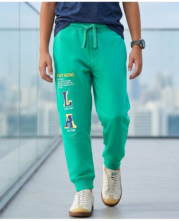 Pine Kids Knit Full Length Lounge Pant With Text Print - Sea Green