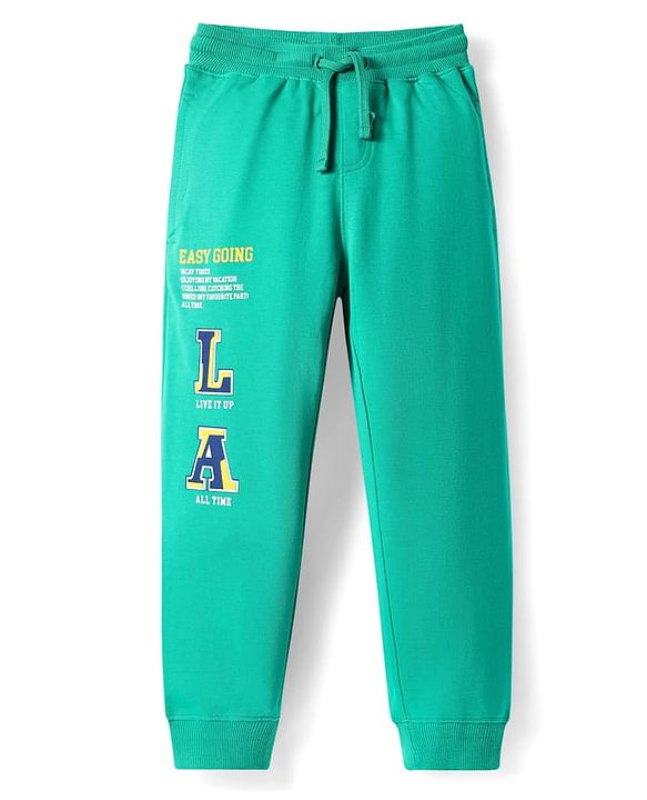 Pine Kids Knit Full Length Lounge Pant With Text Print - Sea Green