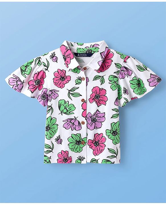 Pine Kids Cotton Knit Flutter Sleeves Top with Floral Print - White