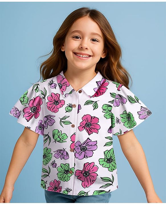 Pine Kids Cotton Knit Flutter Sleeves Top with Floral Print - White