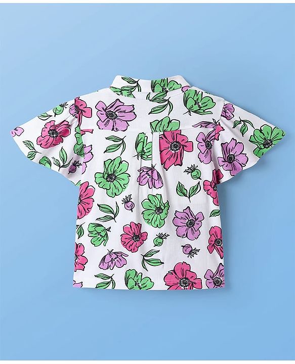 Pine Kids Cotton Knit Flutter Sleeves Top with Floral Print - White