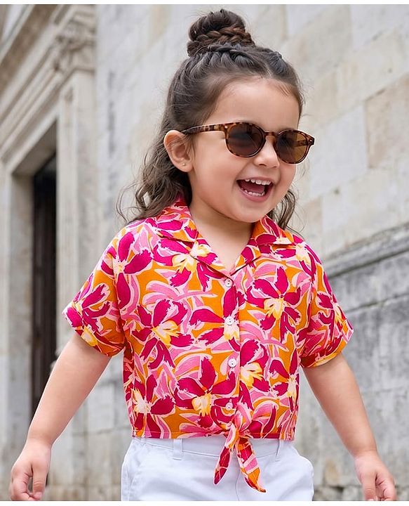Babyhug Rayon Woven Half Sleeves Knotted Top with Floral Print - Pink