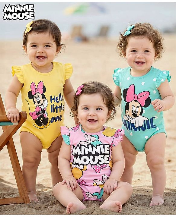 Babyhug Disney Interlock Knit Frill Sleeves Onesies With Minnie Mouse Family Graphics Pack Of 3 - Yellow & Plum