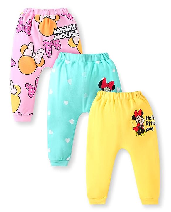 Babyhug Disney Interlock Knit Full Length Diaper Leggings With Minnie Mouse Family Graphics Pack Of 3 - Pink Light Blue & Yellow