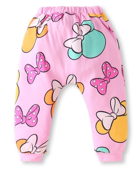 Babyhug Disney Interlock Knit Full Length Diaper Leggings With Minnie Mouse Family Graphics Pack Of 3 - Pink Light Blue & Yellow