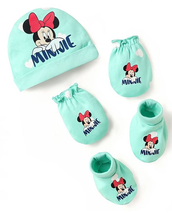 Babyhug Disney 100% Cotton Cap Mittens & Booties Set With Minnie Mouse Graphics Turquoise - Diameter 10 cm