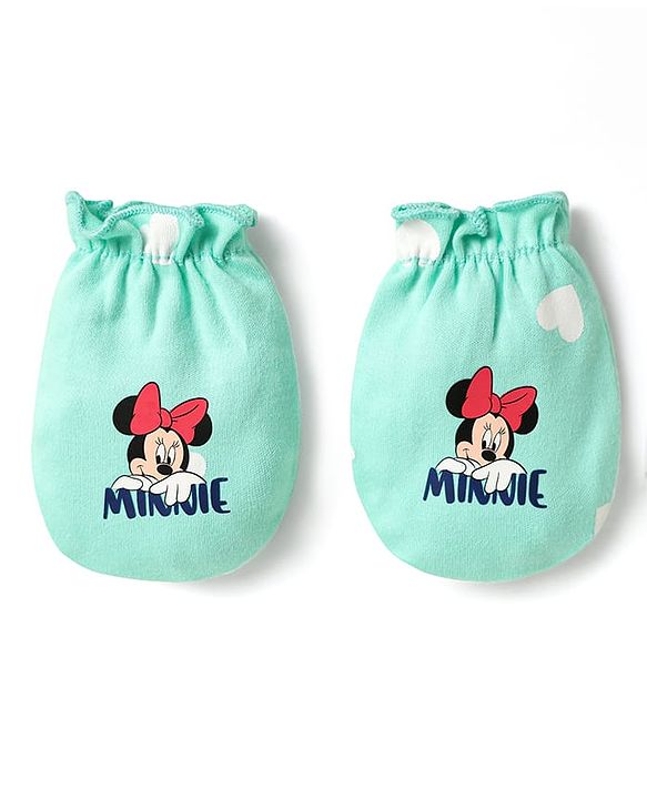 Babyhug Disney 100% Cotton Cap Mittens & Booties Set With Minnie Mouse Graphics Turquoise - Diameter 10 cm