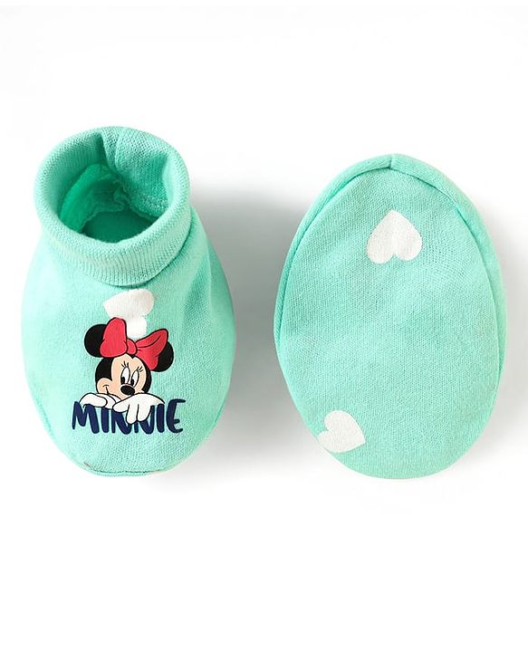 Babyhug Disney 100% Cotton Cap Mittens & Booties Set With Minnie Mouse Graphics Turquoise - Diameter 10 cm