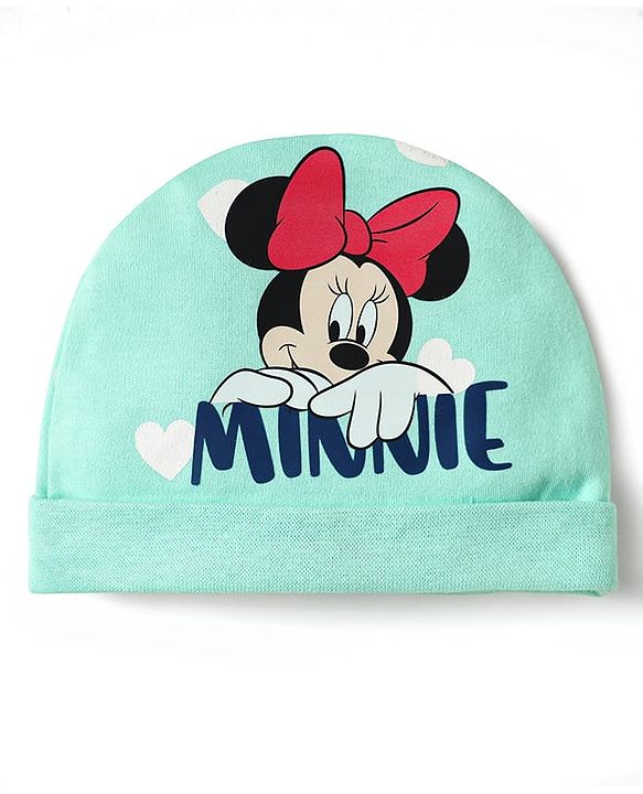 Babyhug Disney 100% Cotton Cap Mittens & Booties Set With Minnie Mouse Graphics Turquoise - Diameter 10 cm