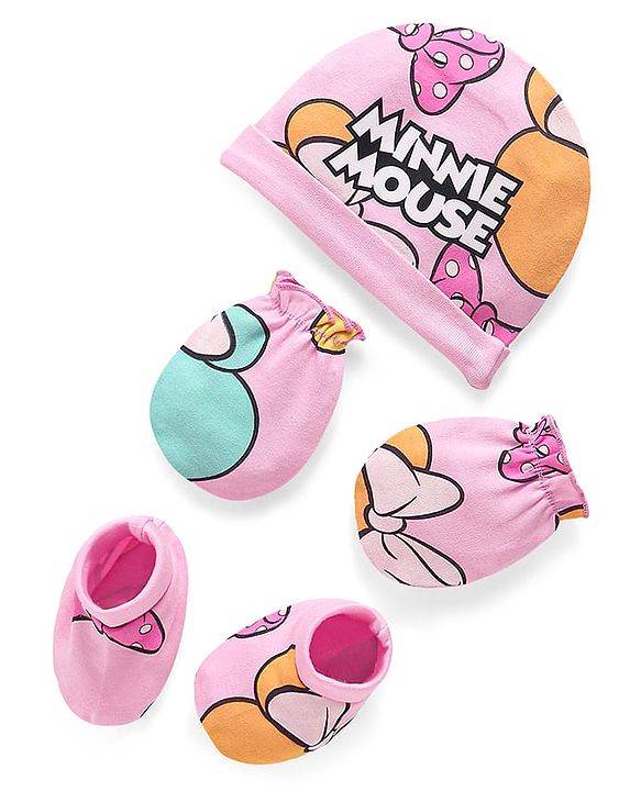 Babyhug Disney Interlock Knit Cap Mittens & Booties Set With Minnie Mouse Graphics Pink - Diameter- 15