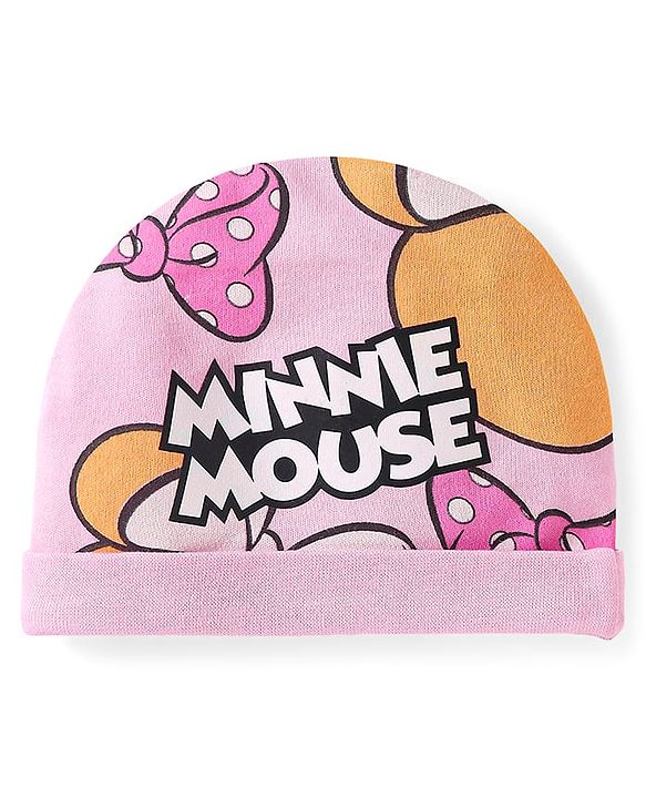 Babyhug Disney Interlock Knit Cap Mittens & Booties Set With Minnie Mouse Graphics Pink - Diameter- 15