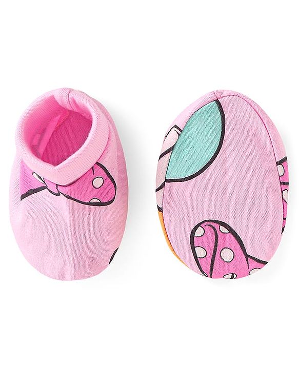 Babyhug Disney Interlock Knit Cap Mittens & Booties Set With Minnie Mouse Graphics Pink - Diameter- 15