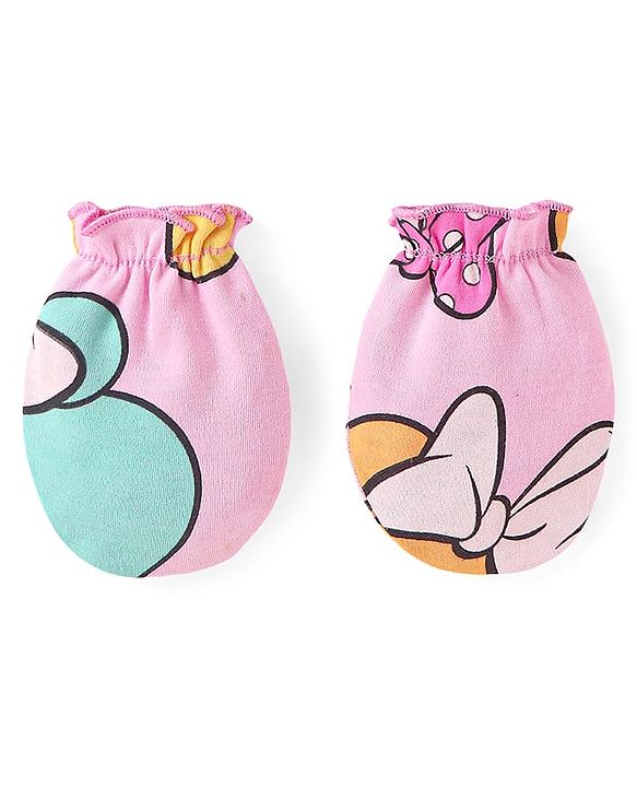 Babyhug Disney Interlock Knit Cap Mittens & Booties Set With Minnie Mouse Graphics Pink - Diameter- 15
