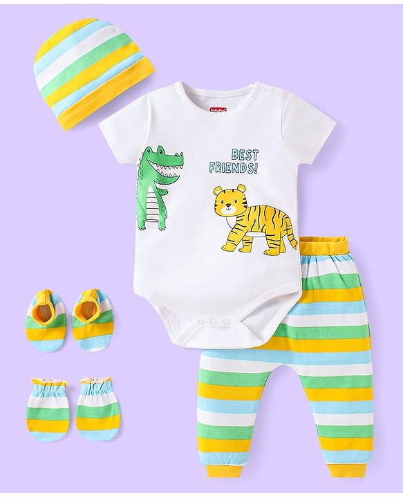 Babyhug 100% Cotton Half Sleeves Onesies with Leggings & Cap Mittens Booties With Stripes & Animal Print - White & Yellow
