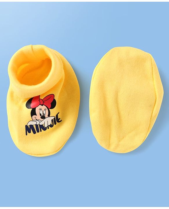 Babyhug Disney Interlock Knit Cap Mittens & Booties Set with Minnie Mouse Print Yellow - Diameter 9 cm