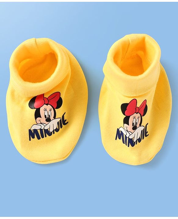 Babyhug Disney Interlock Knit Cap Mittens & Booties Set with Minnie Mouse Print Yellow - Diameter 9 cm