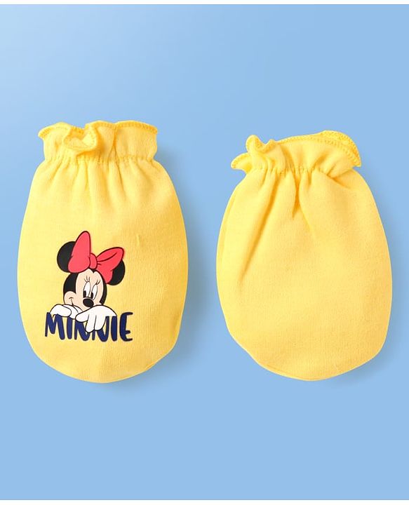 Babyhug Disney Interlock Knit Cap Mittens & Booties Set with Minnie Mouse Print Yellow - Diameter 9 cm