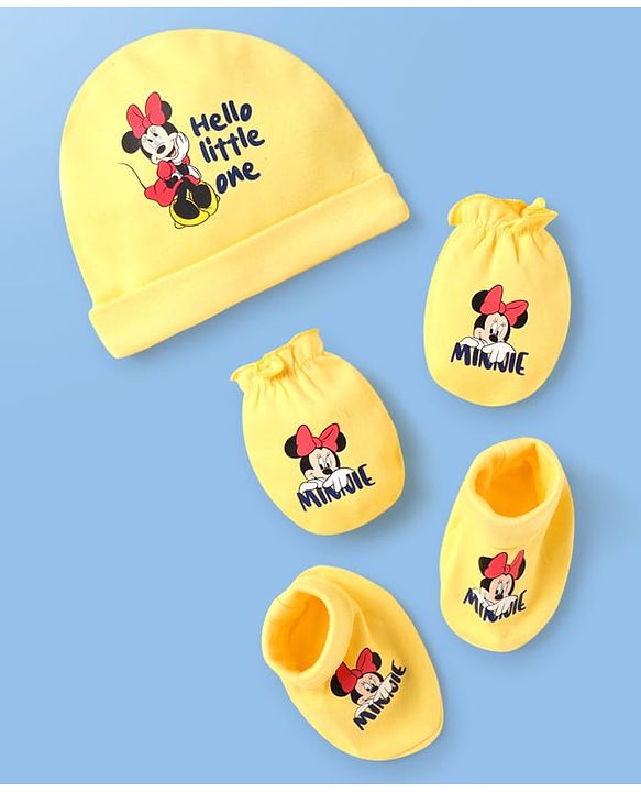Babyhug Disney Interlock Knit Cap Mittens & Booties Set with Minnie Mouse Print Yellow - Diameter 9 cm