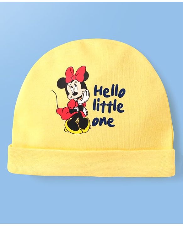 Babyhug Disney Interlock Knit Cap Mittens & Booties Set with Minnie Mouse Print Yellow - Diameter 9 cm