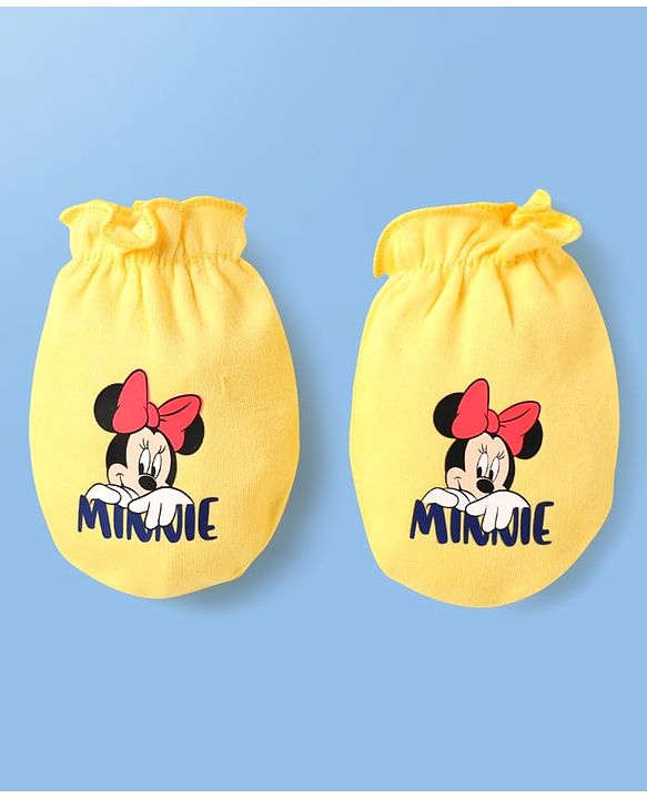 Babyhug Disney Interlock Knit Cap Mittens & Booties Set with Minnie Mouse Print Yellow - Diameter 9 cm