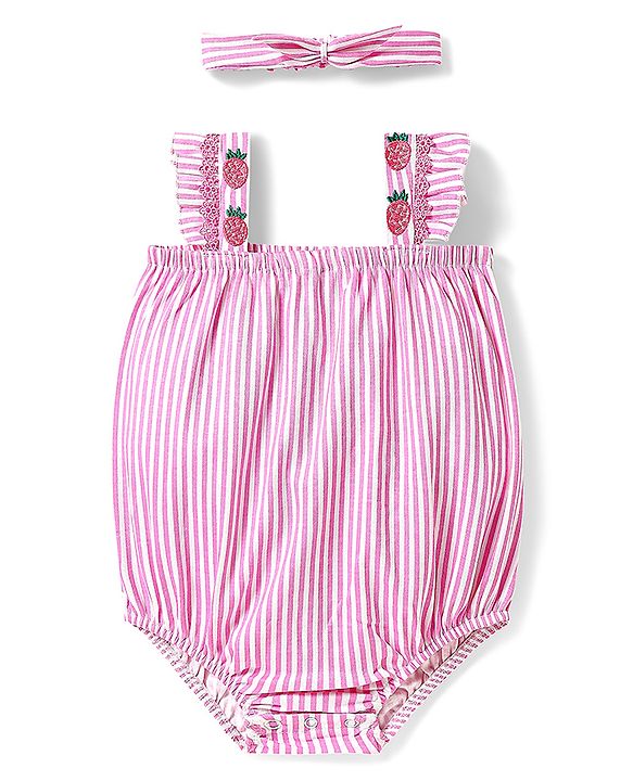 Babyhug 100% Cotton Knit Sleeveless Striped Onesie With Headband - Pink