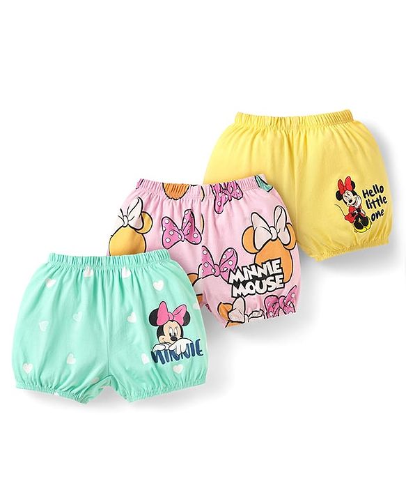 Babyhug Single Jersey Knit Bloomers  With Minnie Mouse Family Graphics Pack Of 3 - Yellow Pink & Light Green