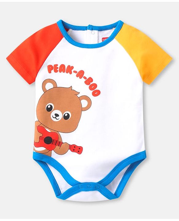 Babyhug Interlock Knit Half Sleeves Onesie With Bear & Peak-A- Boo Text Print - White Red & Yellow