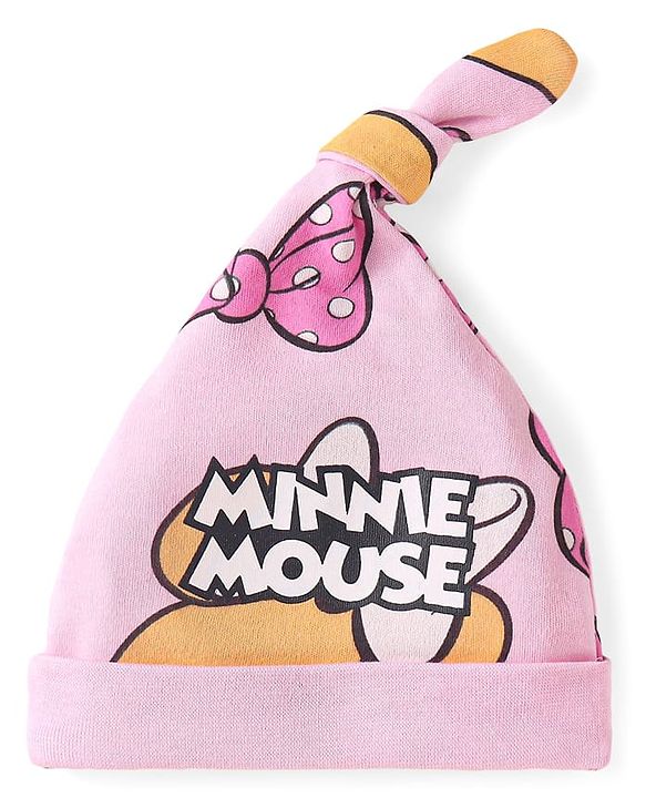 Babyhug Disney Interlock Knit Knot Cap With Minnie Mouse Graphics Pack Of 3 - Yellow Light Blue & Pink - Diameter 18cm