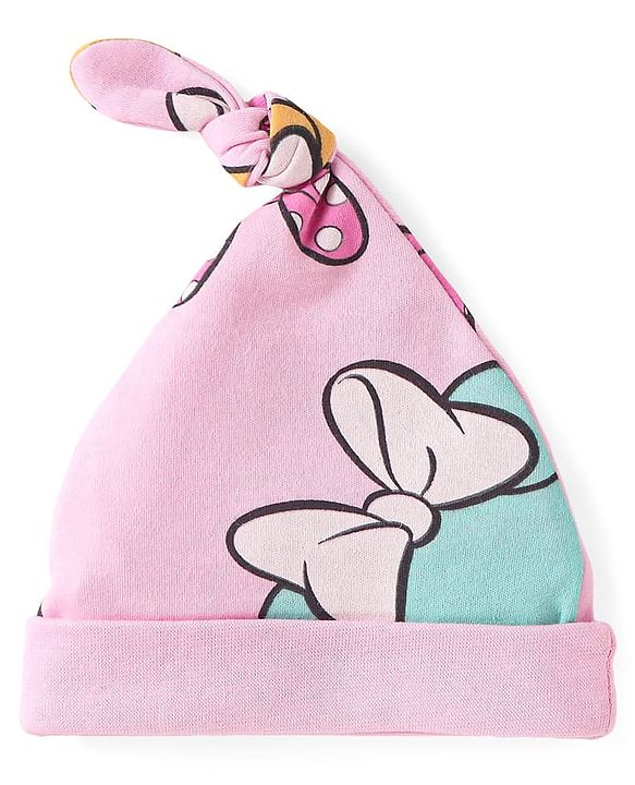 Babyhug Disney Interlock Knit Knot Cap With Minnie Mouse Graphics Pack Of 3 - Yellow Light Blue & Pink - Diameter 18cm