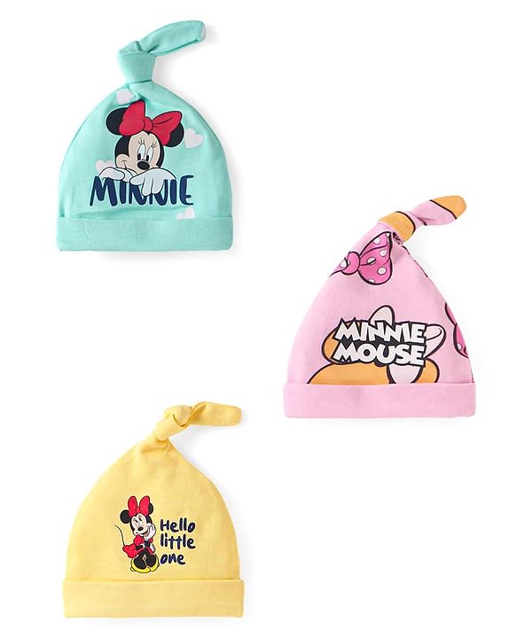 Babyhug Disney Interlock Knit Knot Cap With Minnie Mouse Graphics Pack Of 3 - Yellow Light Blue & Pink - Diameter 18cm