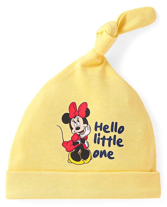 Babyhug Disney Interlock Knit Knot Cap With Minnie Mouse Graphics Pack Of 3 - Yellow Light Blue & Pink - Diameter 18cm
