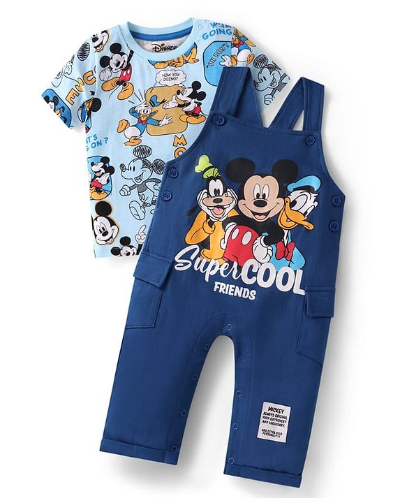 Babyhug Disney Single Jersey Knit Dungaree & Half Sleeves T-Shirt With Mickey Mouse Graphics - Navy Blue