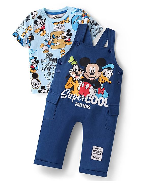 Babyhug Disney Single Jersey Knit Dungaree & Half Sleeves T-Shirt With Mickey Mouse Graphics - Navy Blue