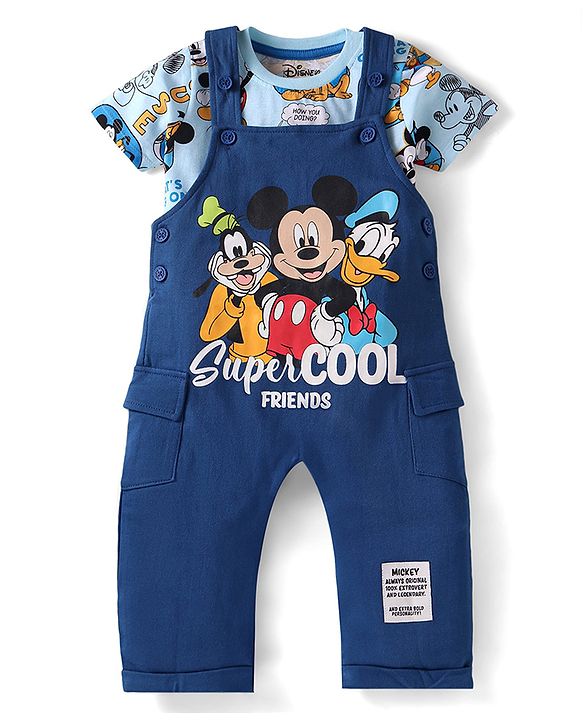 Babyhug Disney Single Jersey Knit Dungaree & Half Sleeves T-Shirt With Mickey Mouse Graphics - Navy Blue