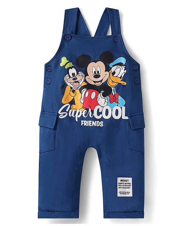 Babyhug Disney Single Jersey Knit Dungaree & Half Sleeves T-Shirt With Mickey Mouse Graphics - Navy Blue
