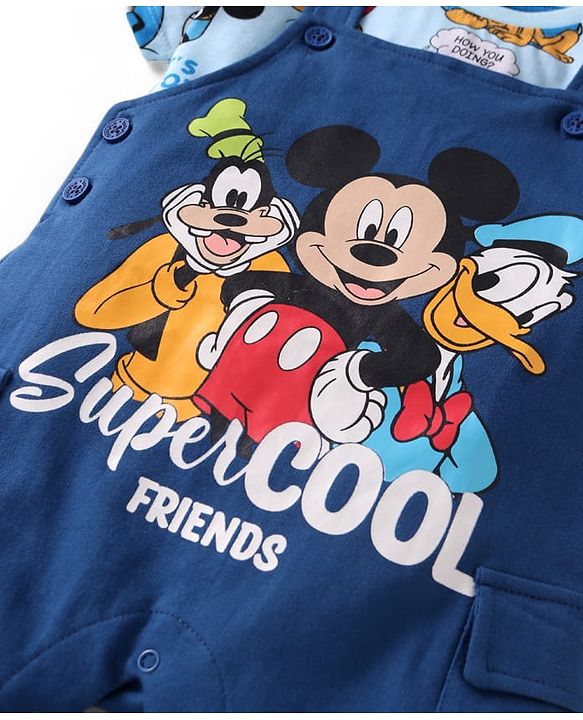 Babyhug Disney Single Jersey Knit Dungaree & Half Sleeves T-Shirt With Mickey Mouse Graphics - Navy Blue