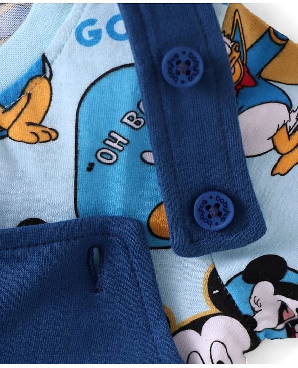 Babyhug Disney Single Jersey Knit Dungaree & Half Sleeves T-Shirt With Mickey Mouse Graphics - Navy Blue