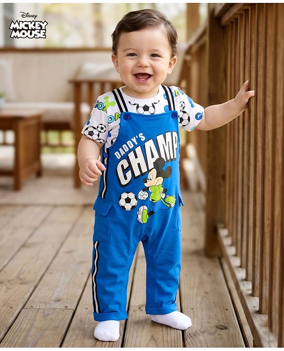 Babyhug Disney Single Jersey Knit Half Sleeve T-Shirts & Dungarees Set With Mickey Mouse Family Graphics - Blue