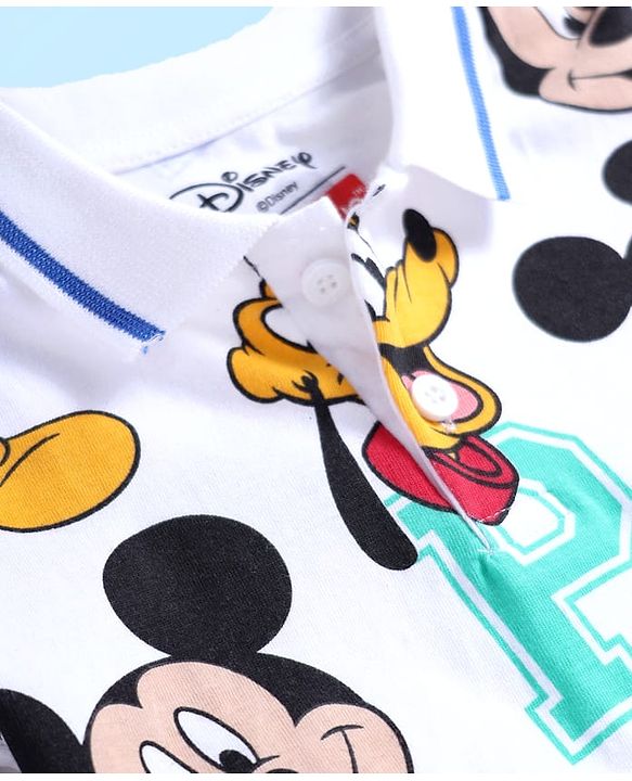 Babyhug Disney Single Jersey Knit Half Sleeves Polo T-Shirt With Mickey Mouse Family Print - White