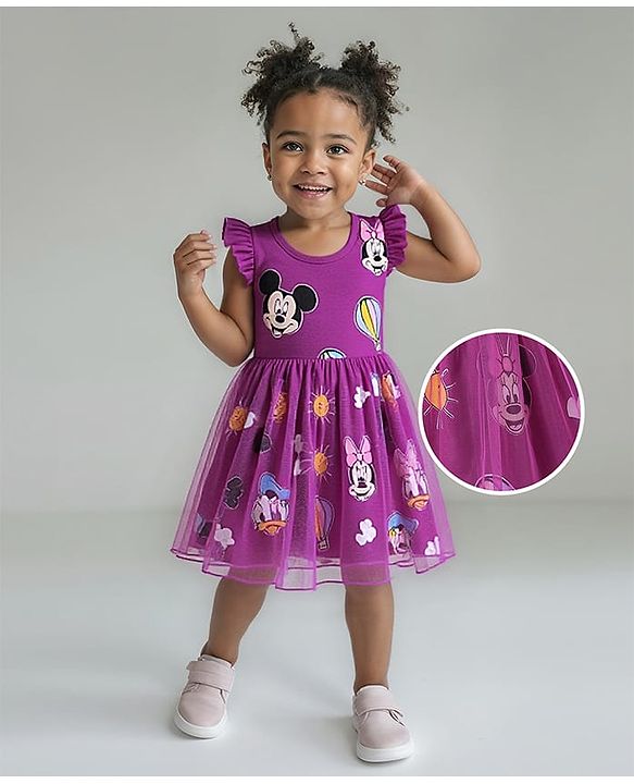 Babyhug Disney Single Jersey Knit Frill Sleeves Frock With Minnie Mouse Family Print - Purple