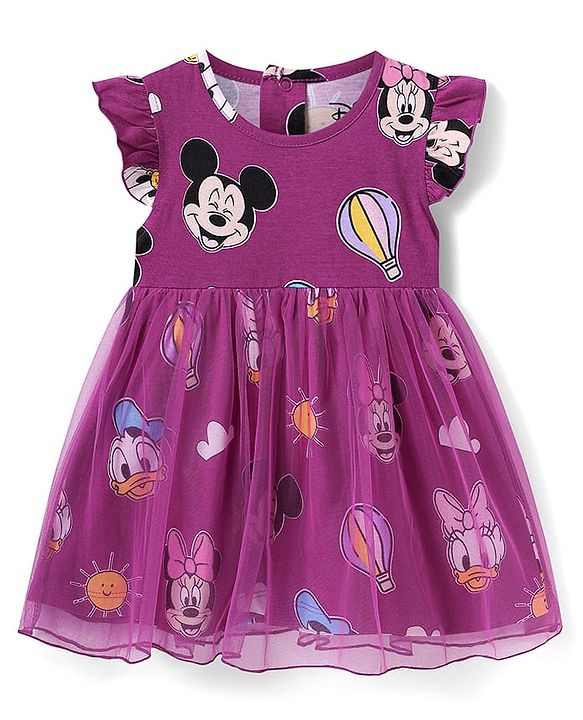 Babyhug Disney Single Jersey Knit Frill Sleeves Frock With Minnie Mouse Family Print - Purple