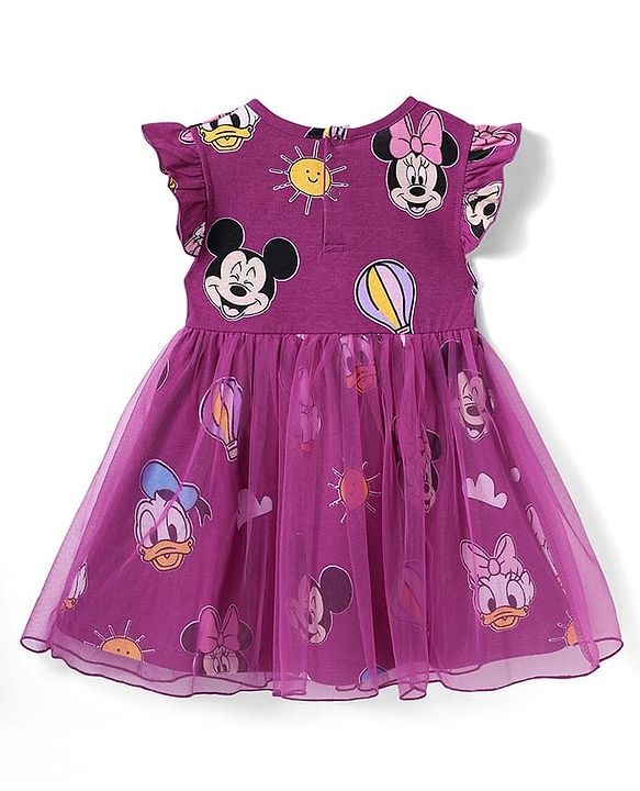 Babyhug Disney Single Jersey Knit Frill Sleeves Frock With Minnie Mouse Family Print - Purple