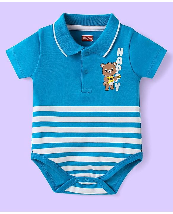 Babyhug 100% Cotton Knit Half Sleeves Collared Onesie with Bear Print & Stripes - Blue