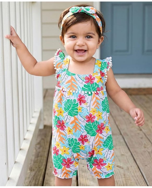 Babyhug Interlock Knit Sleeveless Romper & Head Band with Floral Print - White & Green