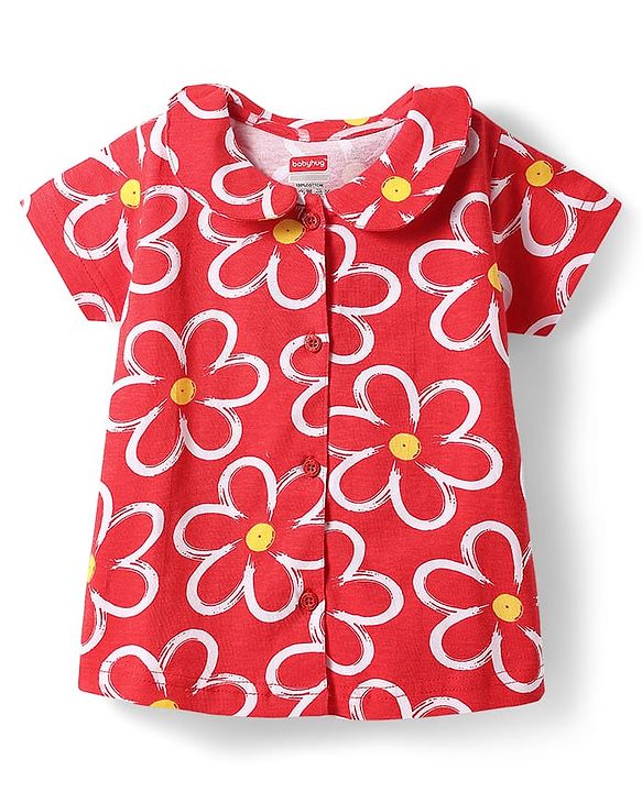 Babyhug Cotton Knit Half Sleeves Peter Pan Collared Co-ords Shorts Night Suit with Floral Print -Red