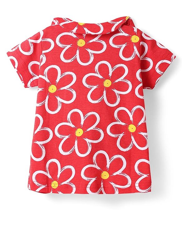 Babyhug Cotton Knit Half Sleeves Peter Pan Collared Co-ords Shorts Night Suit with Floral Print -Red